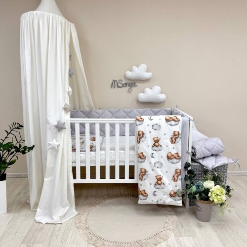 Детское постельное белье и бортики в кроватку Маленькая Соня Baby Mix Тедди серый Белый/Серый 0291128