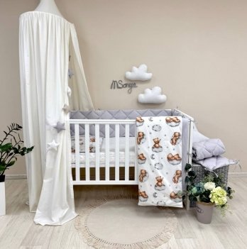 Детское постельное белье и бортики в кроватку Маленькая Соня Baby Mix Тедди серый Белый/Серый 0291128