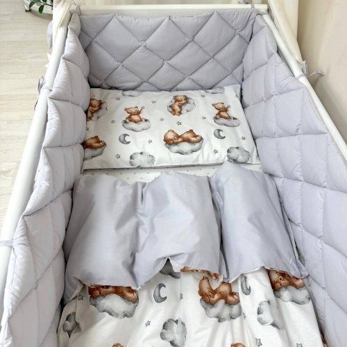 Детское постельное белье и бортики в кроватку Маленькая Соня Baby Mix Тедди серый Белый/Серый 0291128