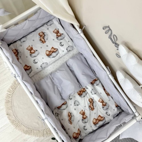 Детское постельное белье и бортики в кроватку Маленькая Соня Baby Mix Тедди серый Белый/Серый 0291128