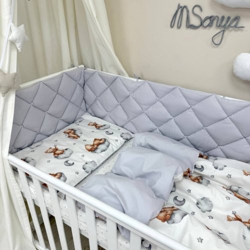 Детское постельное белье и бортики в кроватку Маленькая Соня Baby Mix Тедди серый Белый/Серый 0291128