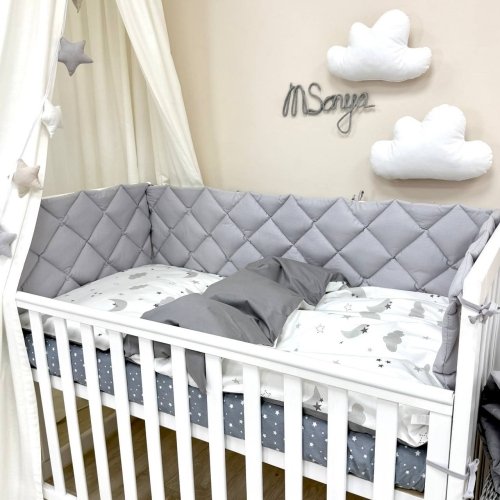 Детское постельное белье и бортики в кроватку Маленькая Соня Baby Mix Облака серые с месяцем Белый/Серый 0291487