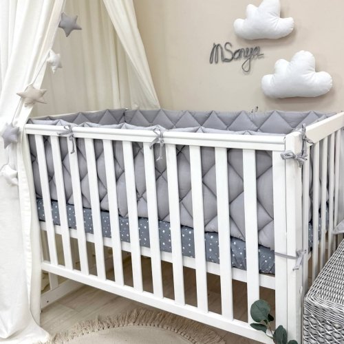 Детское постельное белье и бортики в кроватку Маленькая Соня Baby Mix Облака серые с месяцем Белый/Серый 0291487