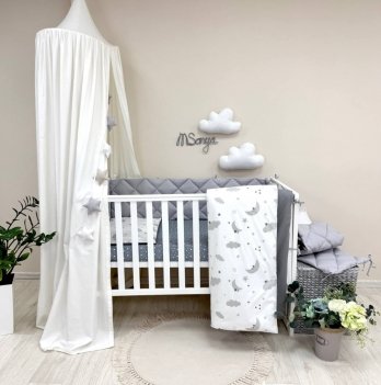 Детское постельное белье и бортики в кроватку Маленькая Соня Baby Mix Облака серые с месяцем Белый/Серый 0291487