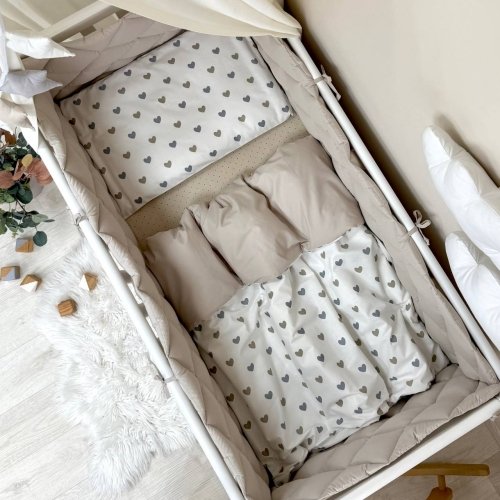 Детское постельное белье и бортики в кроватку Маленькая Соня Baby Mix Серо-бежевые сердца Белый/Бежевый 0291541