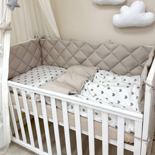 Детское постельное белье и бортики в кроватку Маленькая Соня Baby Mix Серо-бежевые сердца Белый/Бежевый 0291541
