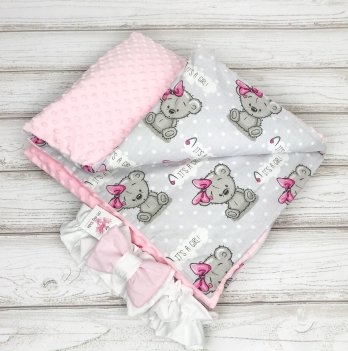 Плед для новорожденных Oh My Kids Мишки с бантиками Бязь/Плюш Розовый 100х80 см КУ-082-ХП