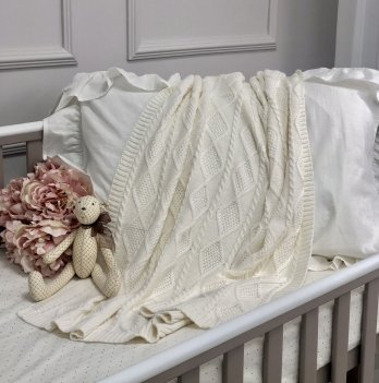 Плед для новорожденных вязаный Маленькая Соня Ромб-Коса Молочный 937135