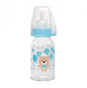Стеклянная бутылочка для мальчика NIP, 125 мл, с соской силиконовой ортодонтической, медленный поток S, 0-6 мес 