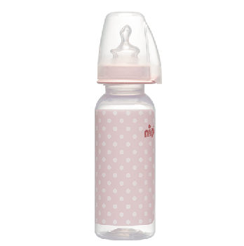 Бутылочка пластиковая для девочки NIP 250 мл с соской силиконовой ортодонтической, средний поток М, 0-6 мес 