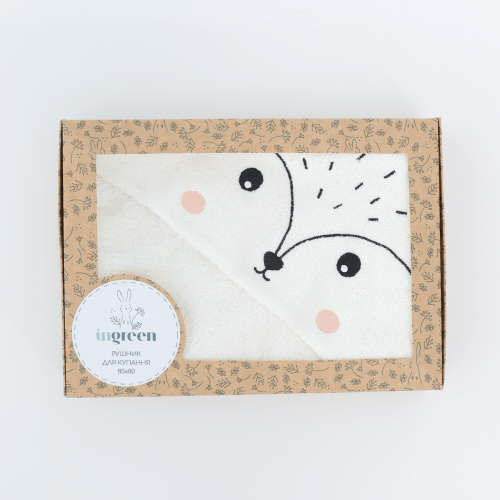 Детское полотенце с капюшоном Sasha Hedgehog 80х80 см Махра Молочный/Черный 140/50