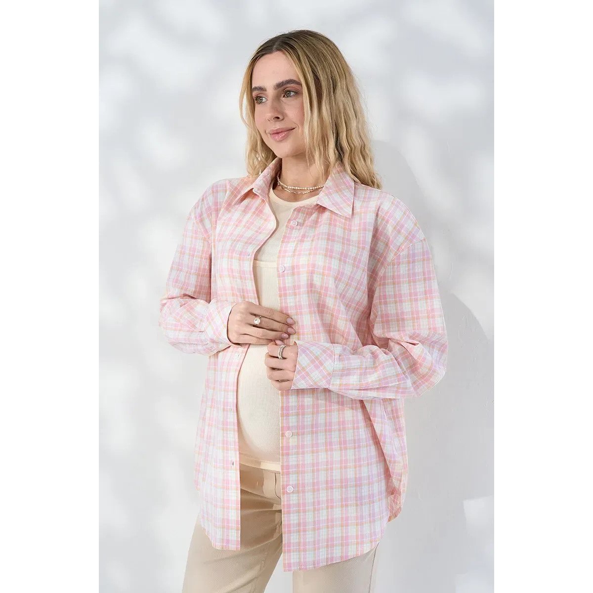 Рубашка в клетку для беременных и кормящих Юла Мама Rey Персиковый/Молочный BL-26.033 
