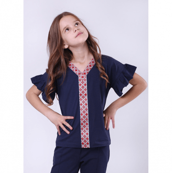 Детская блузка для девочки с вышивкой Vidoli от 7 до 11 лет Синий/Красный G-19903W