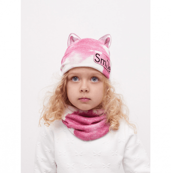 Демисезонная вязаная шапка и снуд детские Дембохаус Розовый/Белый 2-4 года Умбрия