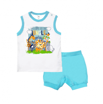 Летний костюм майка и шорты для мальчика Smil Ребятам о зверятах Белый/Бирюзовый 12-18 месяцев 113278