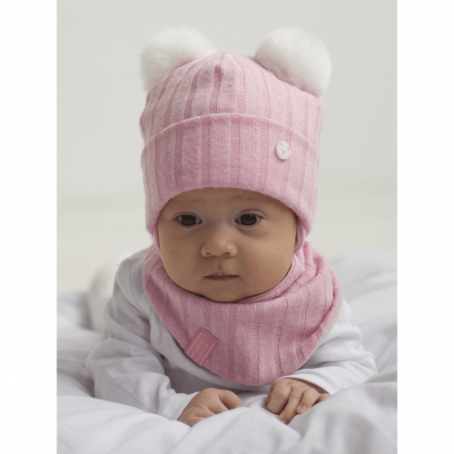 Зимняя вязаная шапка и манишка детская Дембохаус Розовый 0-6 месяцев Мері