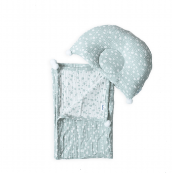 Плед и ортопедическая подушка для новорожденных из муслина Twins Белый/Ментоловый 100х80/33х25 см 421-TMPO-14