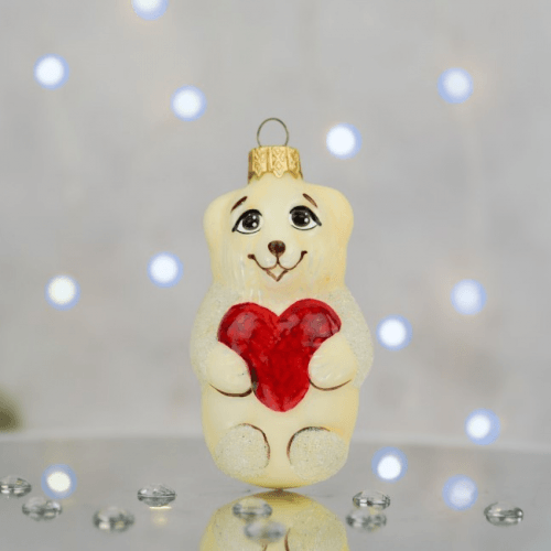 Елочная игрушка Santa Shop Ведмедик з серденьком Молочный/Красный 8 см 4820001180206