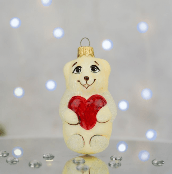 Елочная игрушка Santa Shop Ведмедик з серденьком Молочный/Красный 8 см 4820001180206