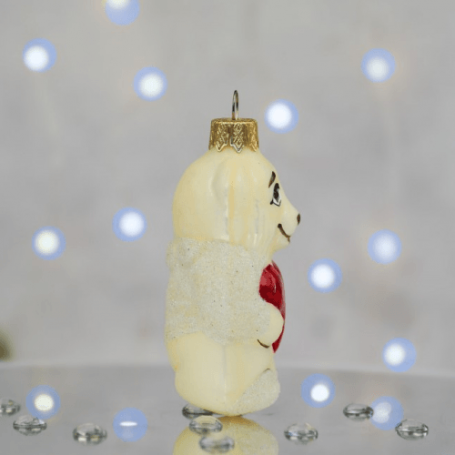Елочная игрушка Santa Shop Ведмедик з серденьком Молочный/Красный 8 см 4820001180206