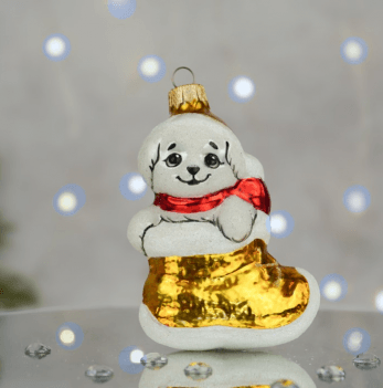 Елочная игрушка Santa Shop Песик в чобітку Белый/Золотой 8 см 4820001180251