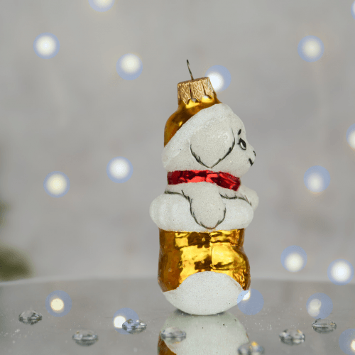 Елочная игрушка Santa Shop Песик в чобітку Белый/Золотой 8 см 4820001180251