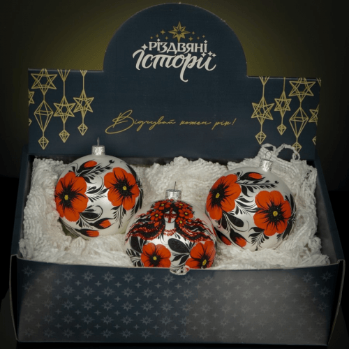 Елочная игрушка набор 3 шт Rizdviani Istorii Украинские истории Петриківка Мотанка Красный 10 см 4820001180619