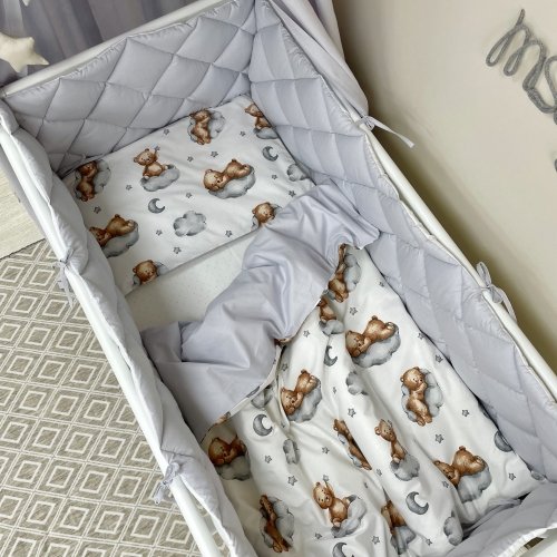 Детское постельное белье и бортики в кроватку Маленькая Соня Baby Mix Тедди серый Белый/Серый 0291128
