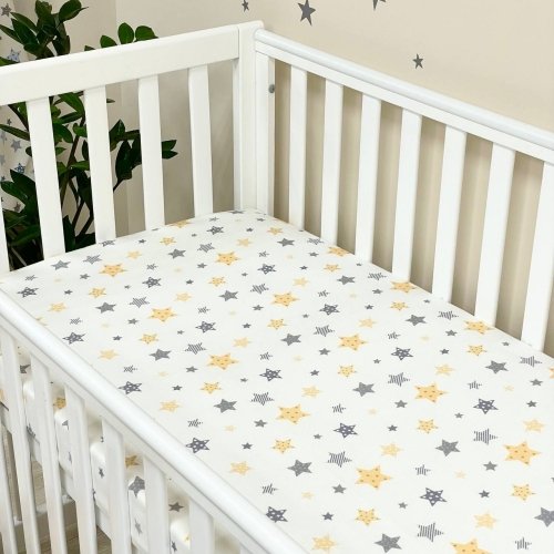 Детская простынь на резинке Маленькая соня фланель Stars серо-желтый Белый/Желтый 1765285