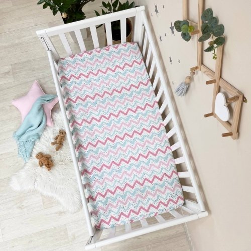 Детская простынь на резинке Маленькая соня фланель Зигзаг розово-мятный Розовый/Мятный 176578