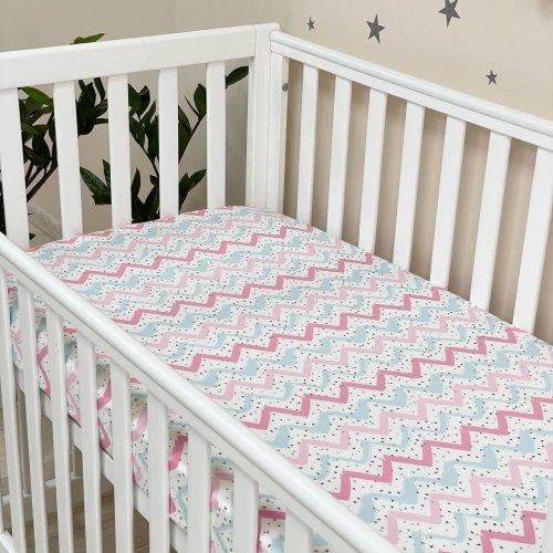 Детская простынь на резинке Маленькая соня фланель Зигзаг розово-мятный Розовый/Мятный 176578