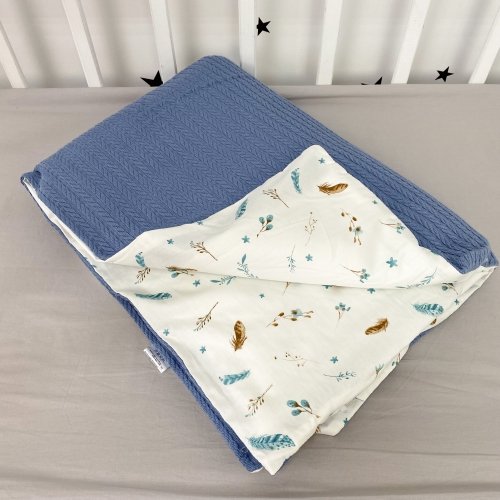 Плед для новорожденных Oh My Kids Перья Пике/Сатин Синий 100х80 см КУ-237-СП