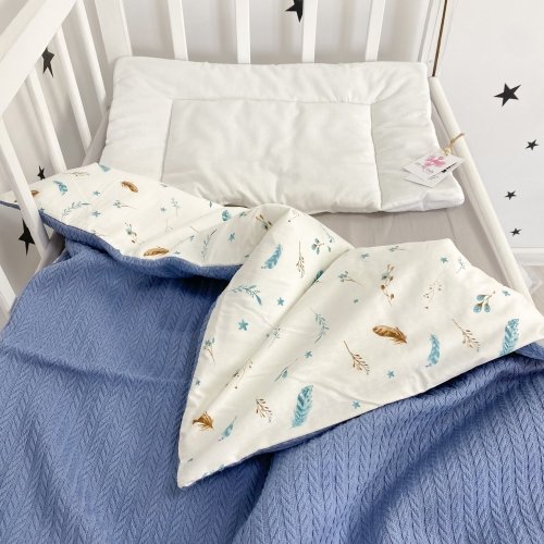 Плед для новорожденных Oh My Kids Перья Пике/Сатин Синий 100х80 см КУ-237-СП