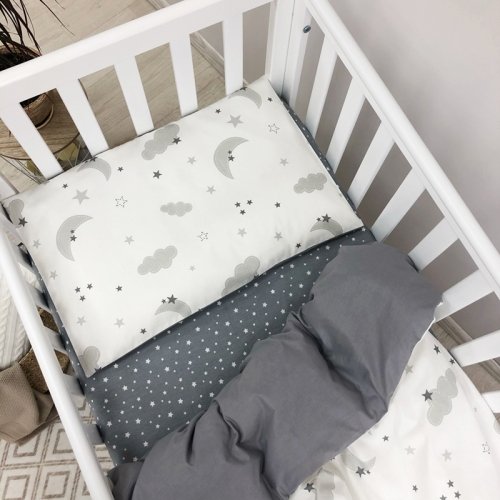 Детское постельное белье в кроватку Маленькая Соня Baby Mix Облака серые с месяцем Белый/Серый 0391487