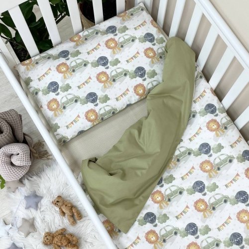 Детское постельное белье в кроватку Маленькая Соня Baby Mix Львенок с машинкой зеленый Зеленый/Голубой 0391198