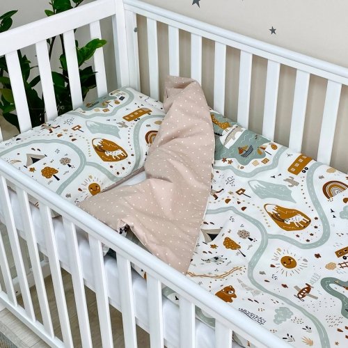 Детское постельное белье в кроватку Маленькая Соня Baby Mix Железная дорога кирпичный Мятный/Оранжевый 039198