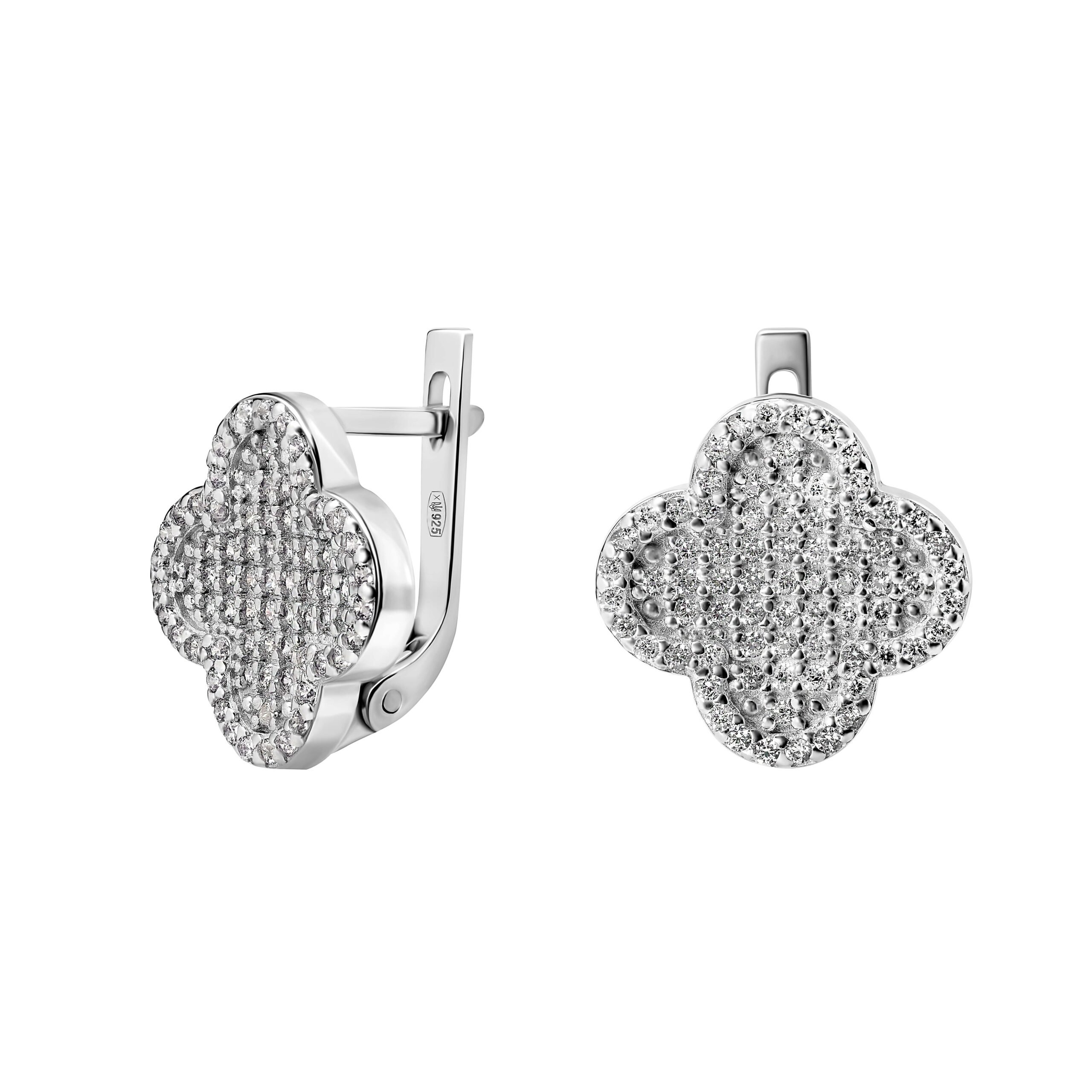 Серебряные сережки UMAX с фианитами Клевер белый 20594