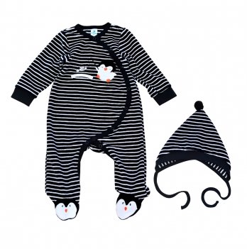 Велюровый человечек и шапочка для новорожденных Minikin Пингвинчик в полоску Черный/Белый 0-6 месяцев 215604
