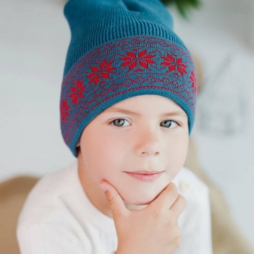 Шапка детская демисезонная Софія Снежинки 0 - 2 лет Шерсть мериноса Бирюзовый/Красный 411-6