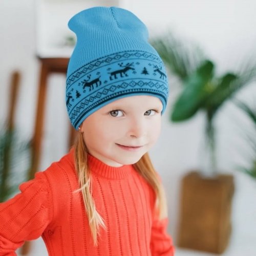 Шапка детская демисезонная Софія Олени 2 - 9 лет Шерсть мериноса Голубой/Синий 412-22