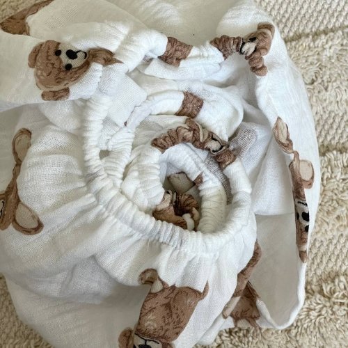 Простынь на резинке в коляску Маленькая Соня Teddy Муслин Белый/Коричневый 3011790