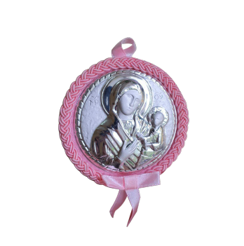 Детская икона на люльку серебро UD Kashtan Дева Мария с Младенцем Розовый MA/D502-R