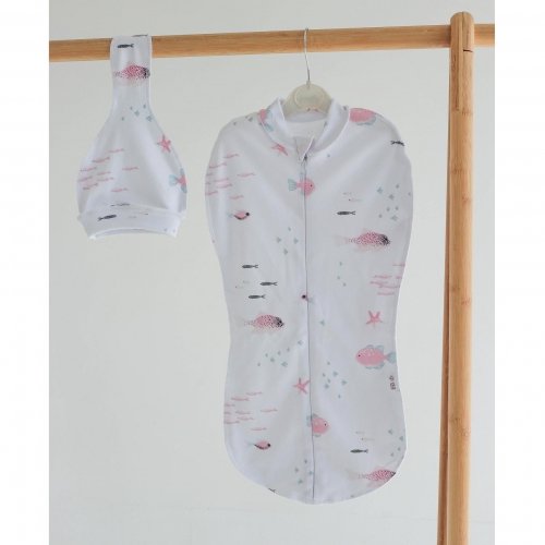 Пеленка кокон на молнии и шапка для новорожденных ELA Textile&Toys Рыбки 0 - 3 мес Белый/Розовый/Бирюзовый DZ003F