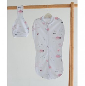 Пеленка кокон для новорожденных на молнии с шапочкой ELA Textile&Toys Рыбки 0 - 3 мес Белый/Розовый/Бирюзовый DZ003F