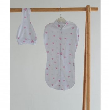 Пеленка кокон для новорожденных на молнии с шапочкой ELA Textile&Toys Сердечки 0 - 3 мес Белый/Розовый DZ003H