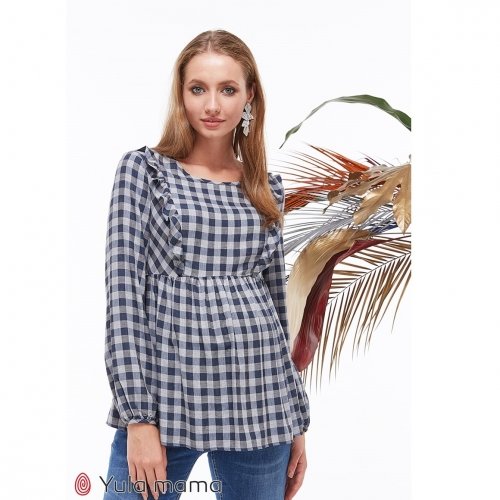 Блузка для беременных и кормящих Юла мама Marcela BL-39.011 синий/серый