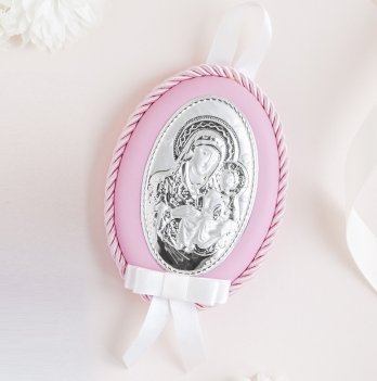 Детская икона серебро UD Kashtan Богородица Дева Мария с младенцем Овал Розовый MA/D516-R