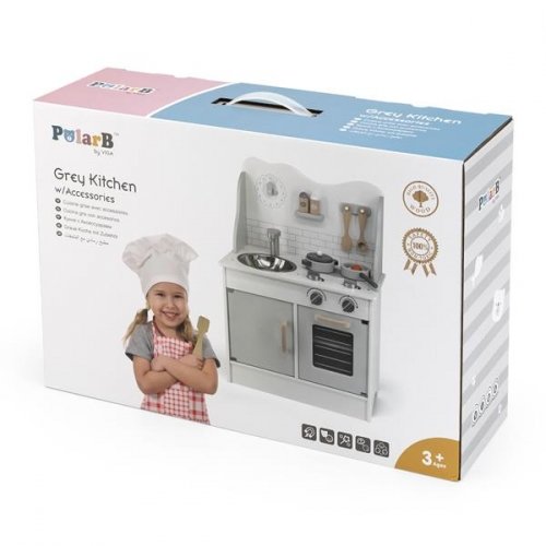 Детская кухня из дерева Viga Toys PolarB с посудой Серый/Белый 44049