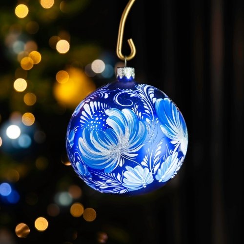 Новогодний шар на елку Santa Shop Петриковка Цветок Синий 10 см 4820001112252
