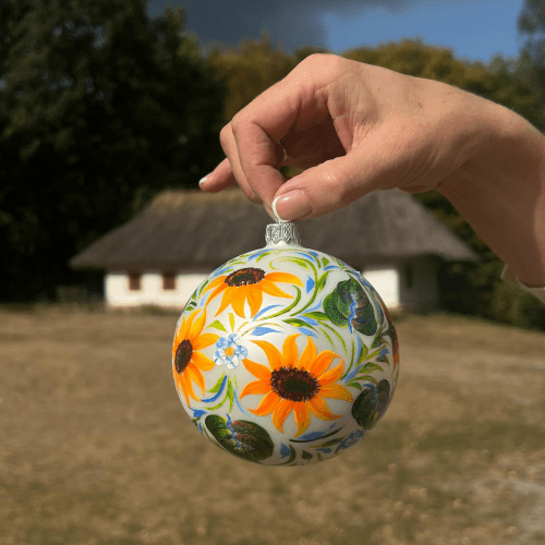 Новогодний шар на елку Santa Shop Подсолнухи Белый 10 см 4820001107036